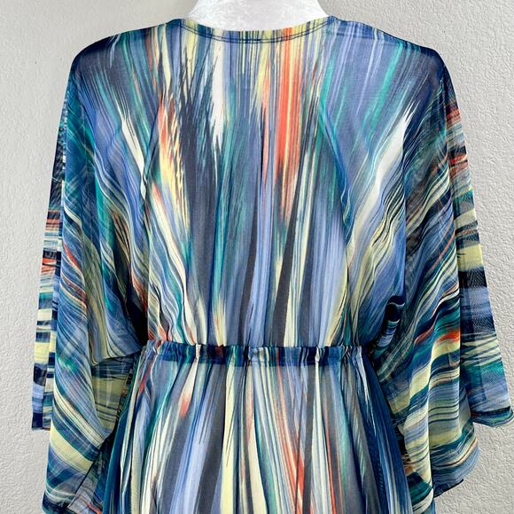 Blue Multicolor Sheer Mesh Cinched Waist V-Neck Oversize Cover-Up Plus 2X/3X NWT - Picture 10 of 15